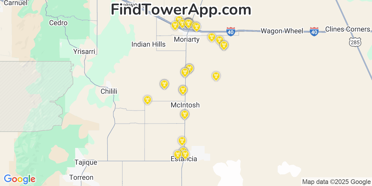 Map showing the 37 primary Verizon cell tower locations detected in Mcintosh, New Mexico with coverage radius and signal strength indicators