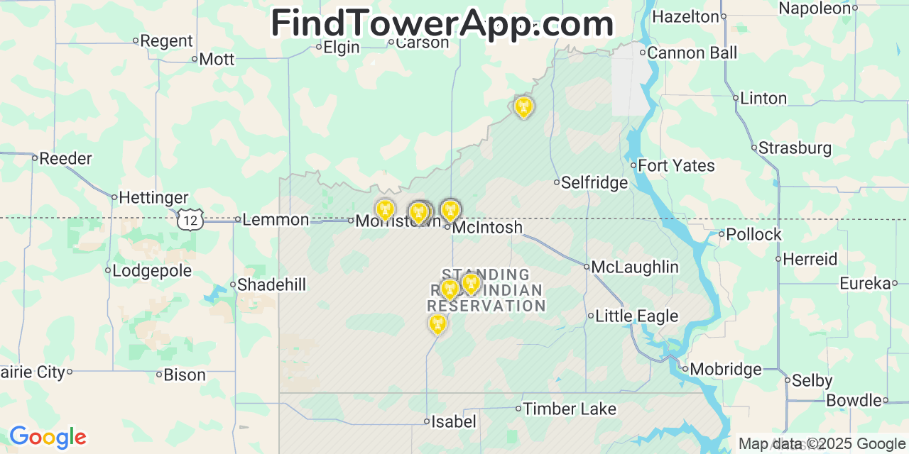 Map showing the 27 primary AT&T cell tower locations detected in Mcintosh, South Dakota with coverage radius and signal strength indicators