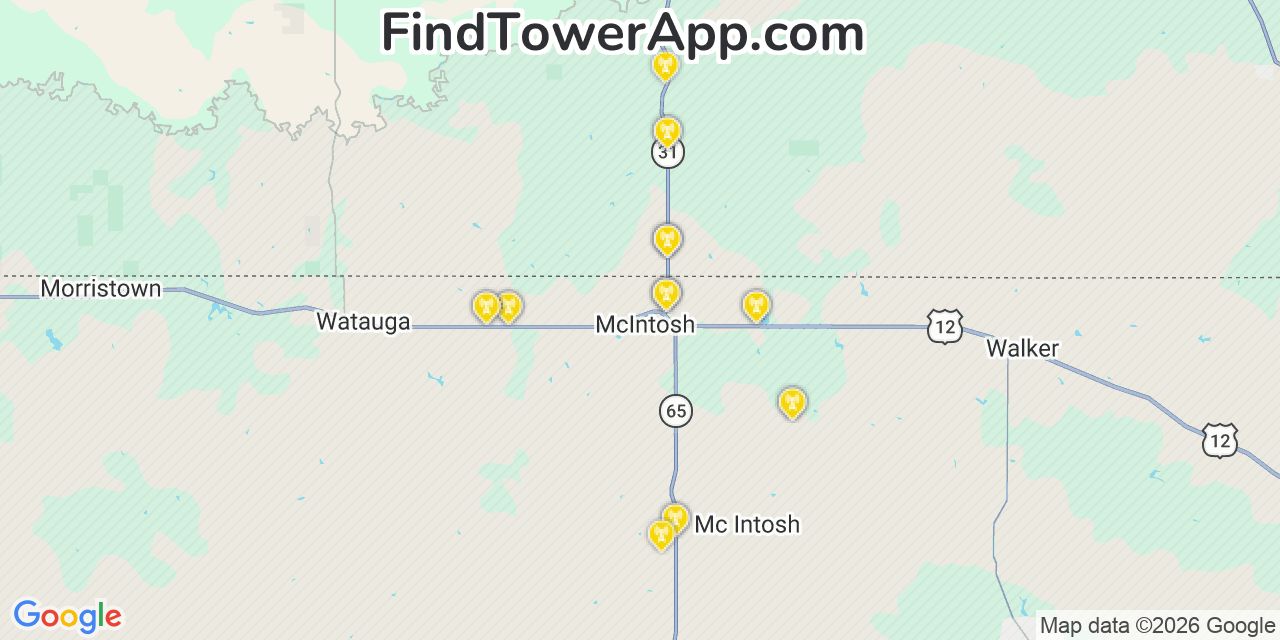 Map showing the 20 primary cell tower locations detected in Mcintosh, South Dakota from AT&T, Verizon, and T-Mobile networks