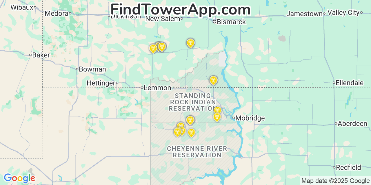 Map showing the 28 primary T-Mobile cell tower locations detected in Mcintosh, South Dakota with coverage radius and signal strength indicators