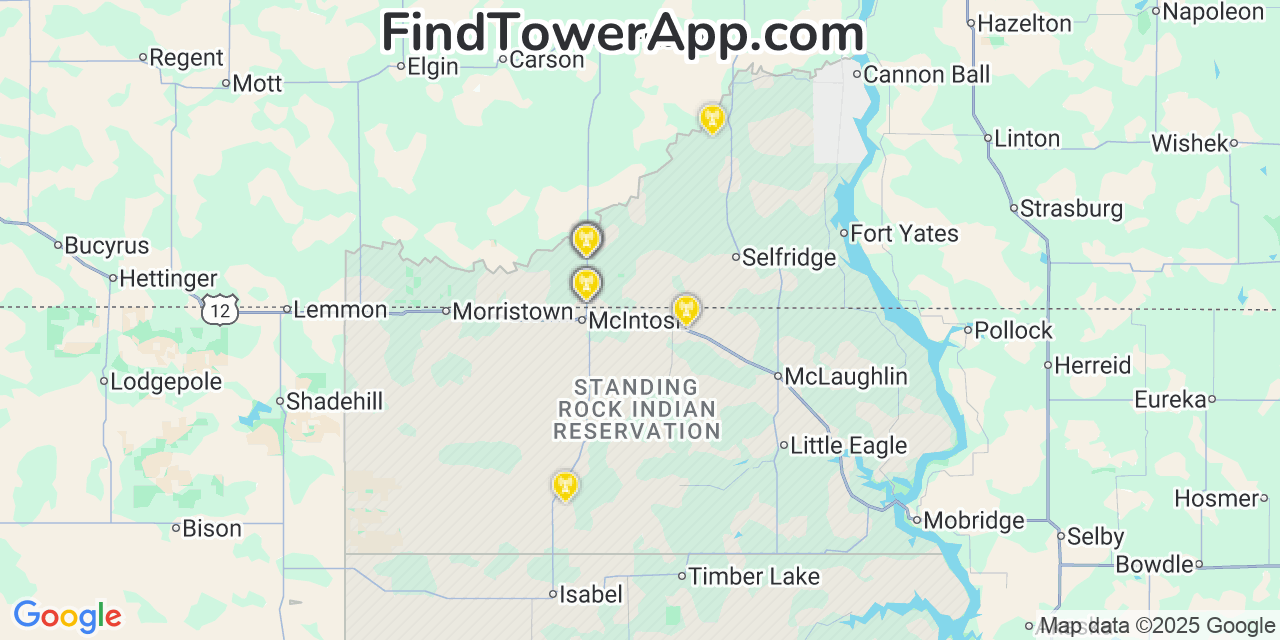 Map showing the 21 primary Verizon cell tower locations detected in Mcintosh, South Dakota with coverage radius and signal strength indicators