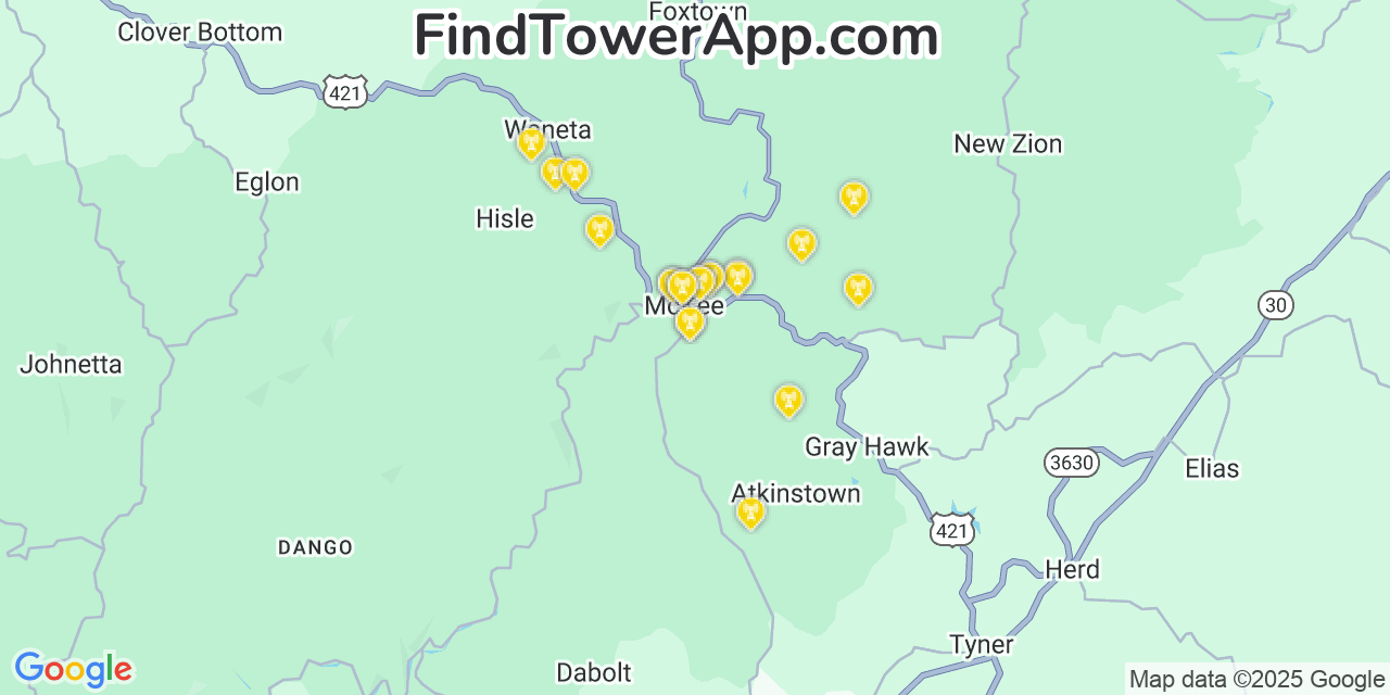 Map showing the 21 primary AT&T cell tower locations detected in Mckee, Kentucky with coverage radius and signal strength indicators