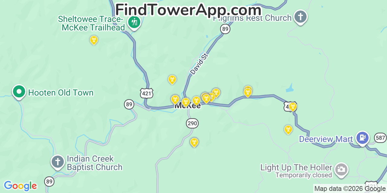 Map showing the 20 primary cell tower locations detected in Mckee, Kentucky from AT&T, Verizon, and T-Mobile networks