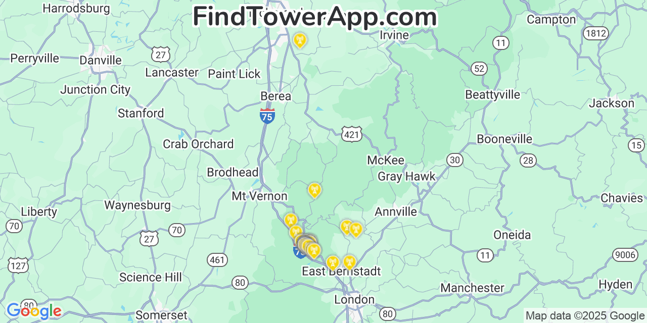 Map showing the 28 primary T-Mobile cell tower locations detected in Mckee, Kentucky with coverage radius and signal strength indicators
