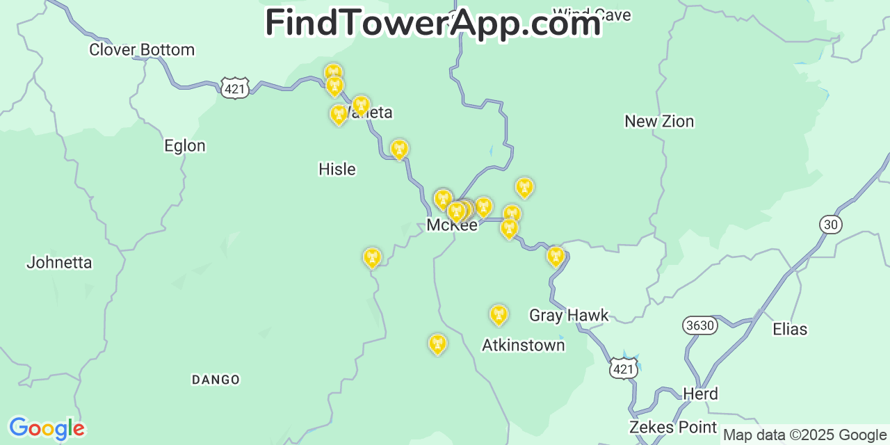 Map showing the 21 primary Verizon cell tower locations detected in Mckee, Kentucky with coverage radius and signal strength indicators