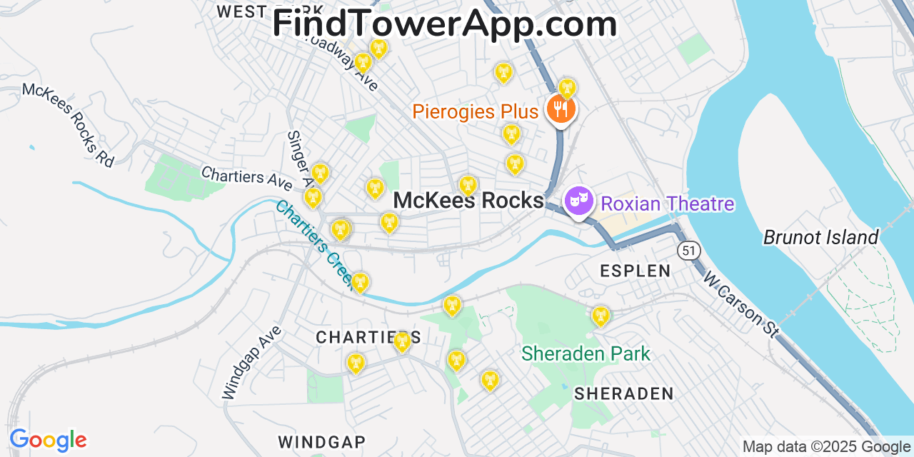 Map showing the 20 primary AT&T cell tower locations detected in Mckees Rocks, Pennsylvania with coverage radius and signal strength indicators