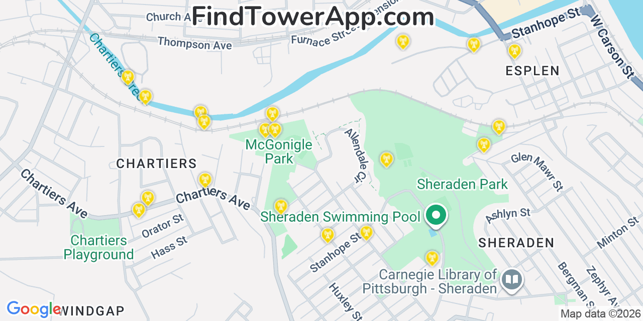 Map showing the 20 primary cell tower locations detected in Mckees Rocks, Pennsylvania from AT&T, Verizon, and T-Mobile networks