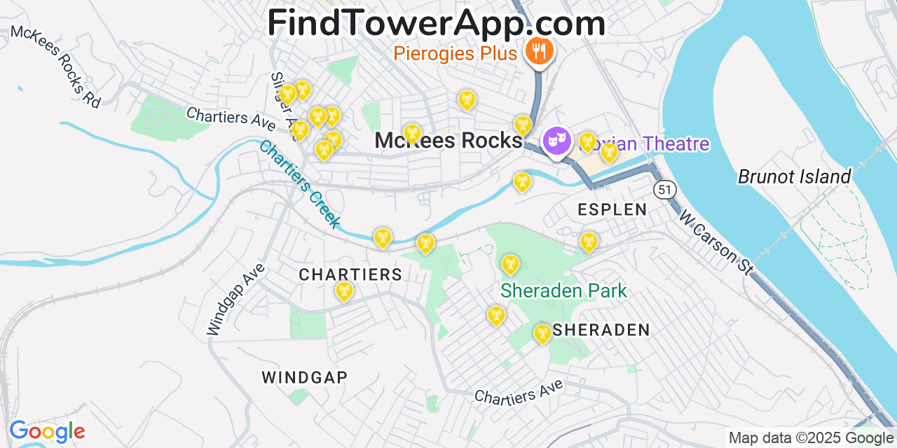 Map showing the 20 primary T-Mobile cell tower locations detected in Mckees Rocks, Pennsylvania with coverage radius and signal strength indicators