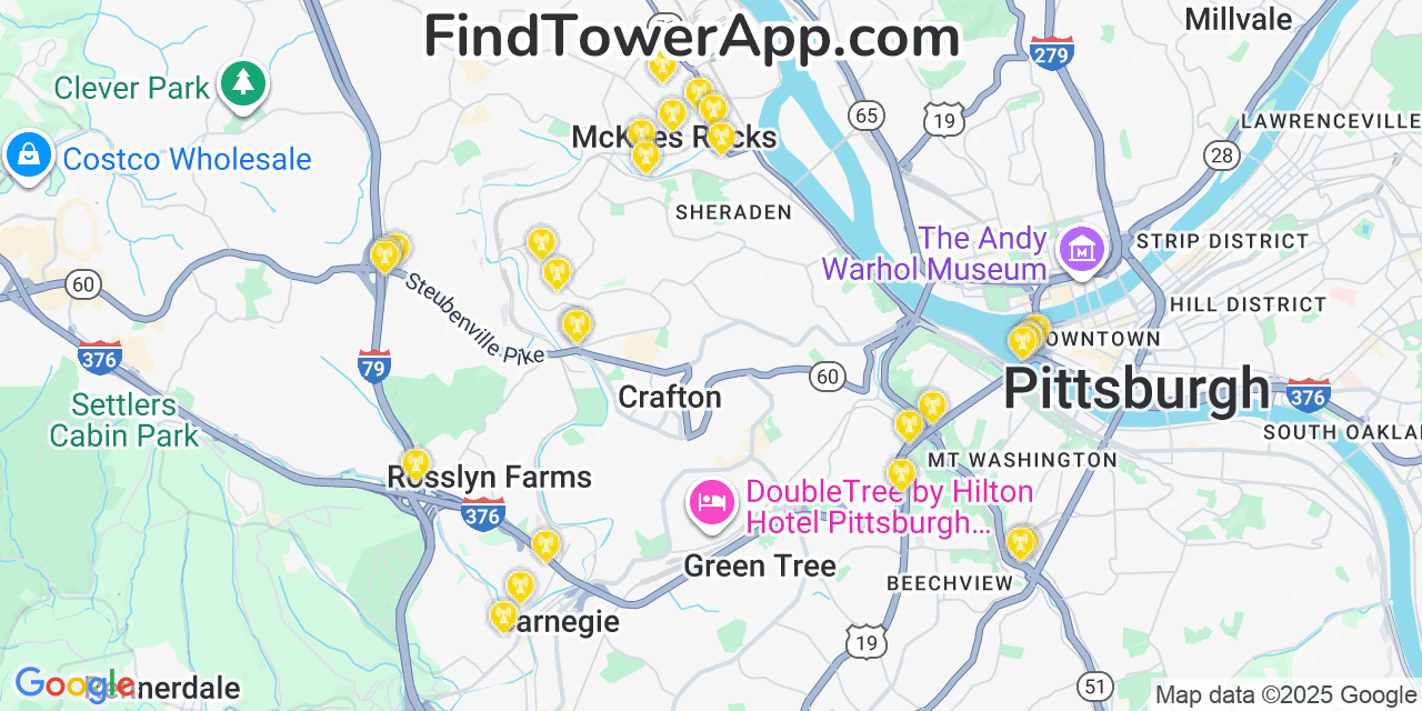 Map showing the 28 primary Verizon cell tower locations detected in Mckees Rocks, Pennsylvania with coverage radius and signal strength indicators