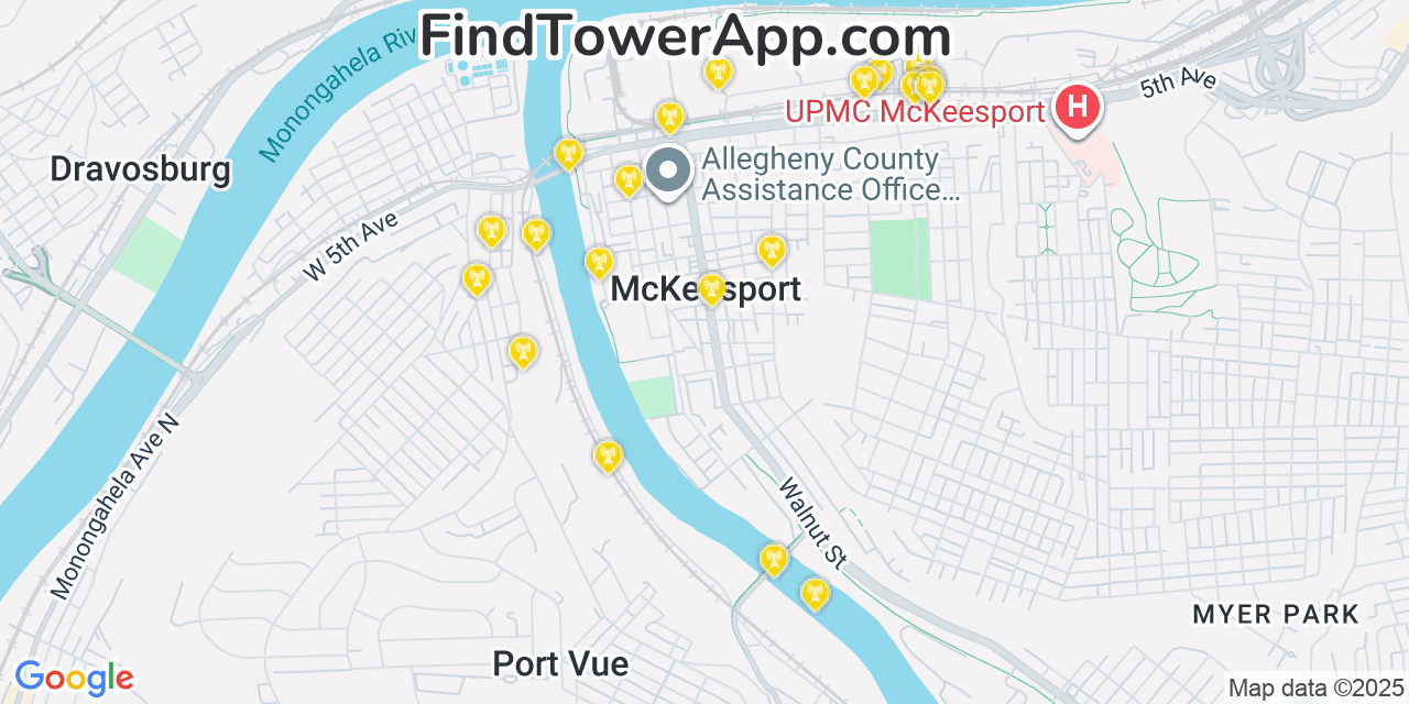 Map showing the 20 primary AT&T cell tower locations detected in Mckeesport, Pennsylvania with coverage radius and signal strength indicators