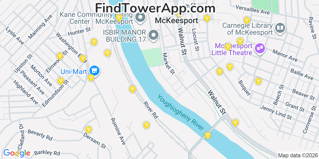 Map showing the 20 primary cell tower locations detected in Mckeesport, Pennsylvania from AT&T, Verizon, and T-Mobile networks