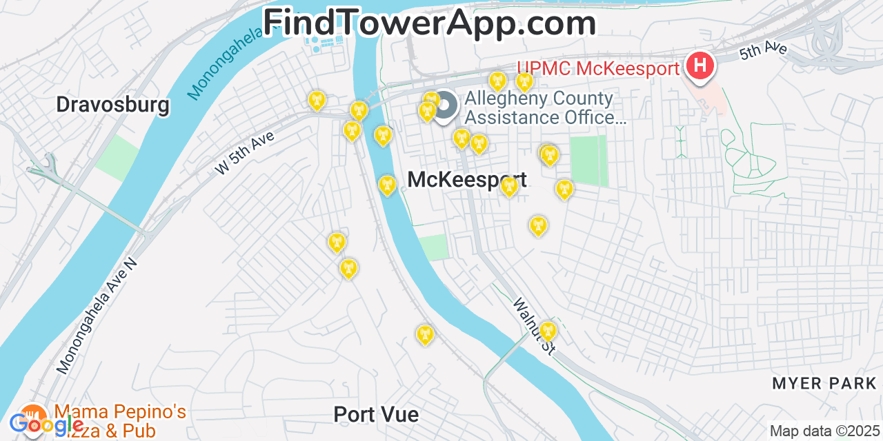 Map showing the 20 primary T-Mobile cell tower locations detected in Mckeesport, Pennsylvania with coverage radius and signal strength indicators