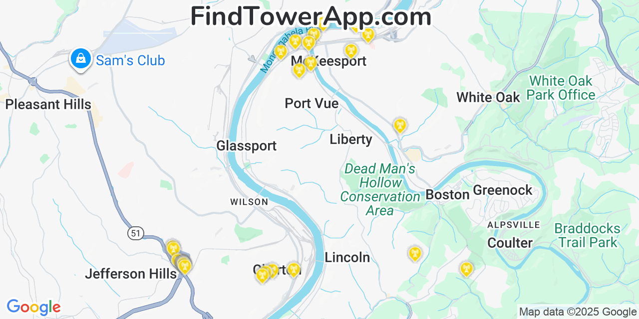 Map showing the 29 primary Verizon cell tower locations detected in Mckeesport, Pennsylvania with coverage radius and signal strength indicators