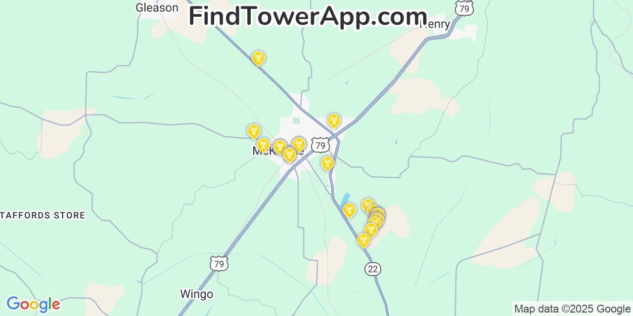 Map showing the 23 primary AT&T cell tower locations detected in Mckenzie, Tennessee with coverage radius and signal strength indicators