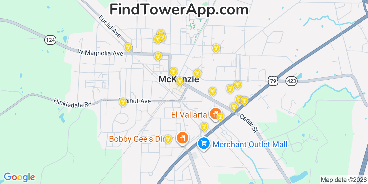 Map showing the 20 primary cell tower locations detected in Mckenzie, Tennessee from AT&T, Verizon, and T-Mobile networks