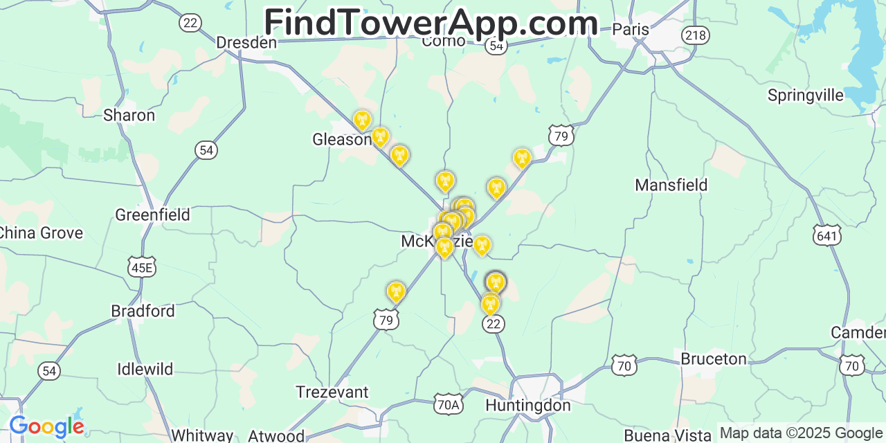 Map showing the 39 primary T-Mobile cell tower locations detected in Mckenzie, Tennessee with coverage radius and signal strength indicators