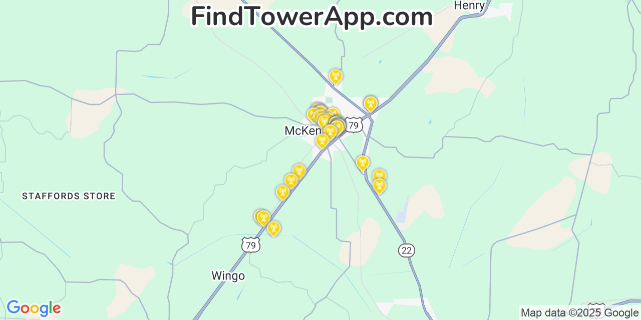 Map showing the 38 primary Verizon cell tower locations detected in Mckenzie, Tennessee with coverage radius and signal strength indicators
