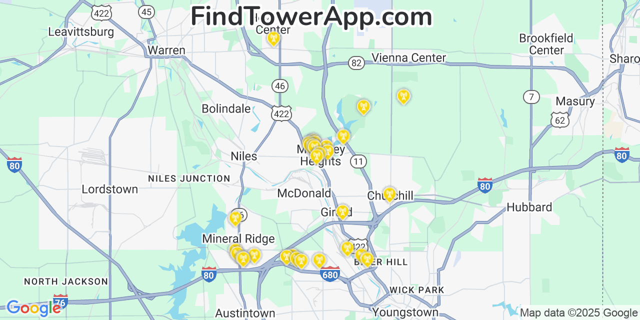 Map showing the 33 primary AT&T cell tower locations detected in Mckinley Heights, Ohio with coverage radius and signal strength indicators