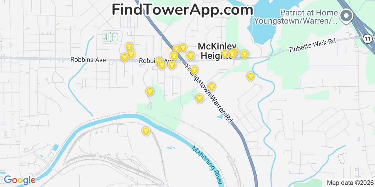 Map showing the 20 primary cell tower locations detected in Mckinley Heights, Ohio from AT&T, Verizon, and T-Mobile networks