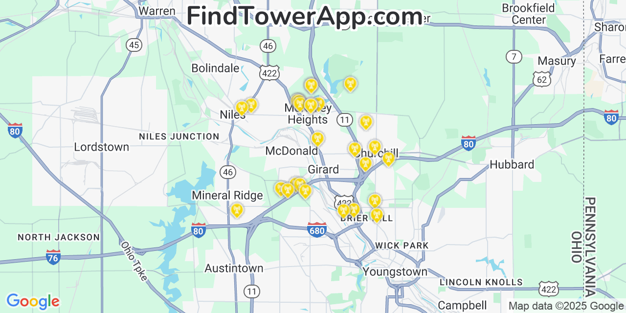 Map showing the 28 primary T-Mobile cell tower locations detected in Mckinley Heights, Ohio with coverage radius and signal strength indicators