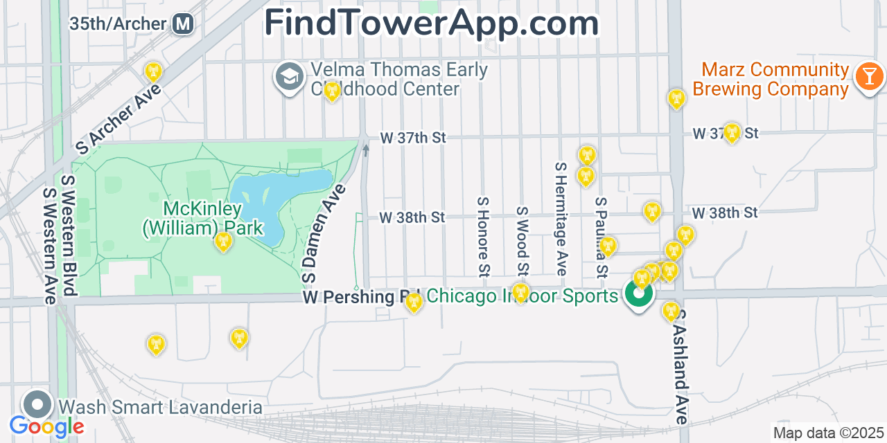 Map showing the 20 primary AT&T cell tower locations detected in Mckinley Park, Illinois with coverage radius and signal strength indicators
