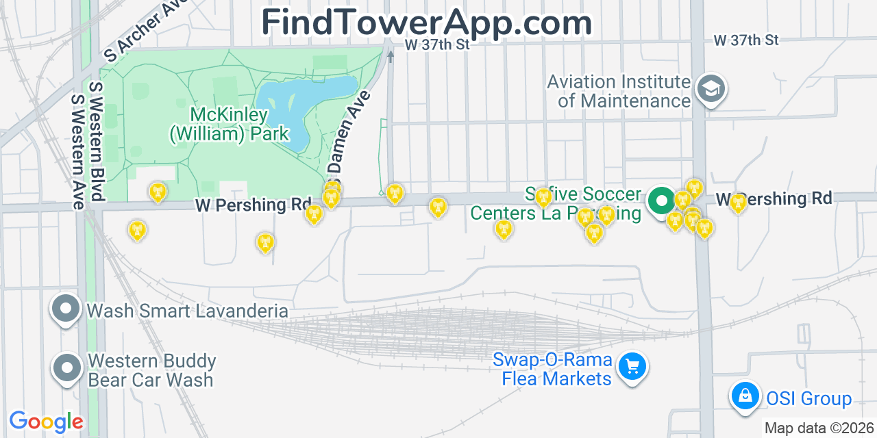 Map showing the 20 primary cell tower locations detected in Mckinley Park, Illinois from AT&T, Verizon, and T-Mobile networks