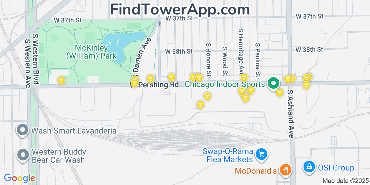Map showing the 20 primary T-Mobile cell tower locations detected in Mckinley Park, Illinois with coverage radius and signal strength indicators