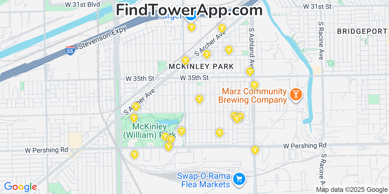 Map showing the 20 primary Verizon cell tower locations detected in Mckinley Park, Illinois with coverage radius and signal strength indicators