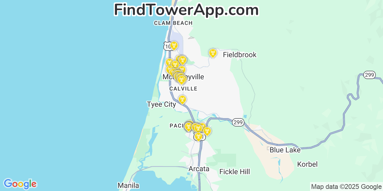 Map showing the 33 primary AT&T cell tower locations detected in Mckinleyville, California with coverage radius and signal strength indicators