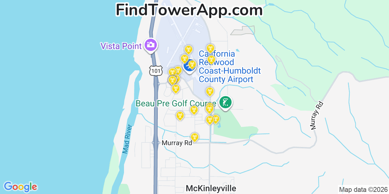 Map showing the 20 primary cell tower locations detected in Mckinleyville, California from AT&T, Verizon, and T-Mobile networks
