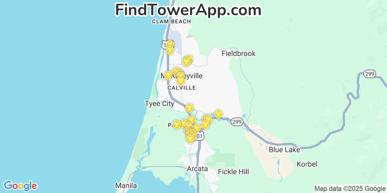 Map showing the 24 primary T-Mobile cell tower locations detected in Mckinleyville, California with coverage radius and signal strength indicators
