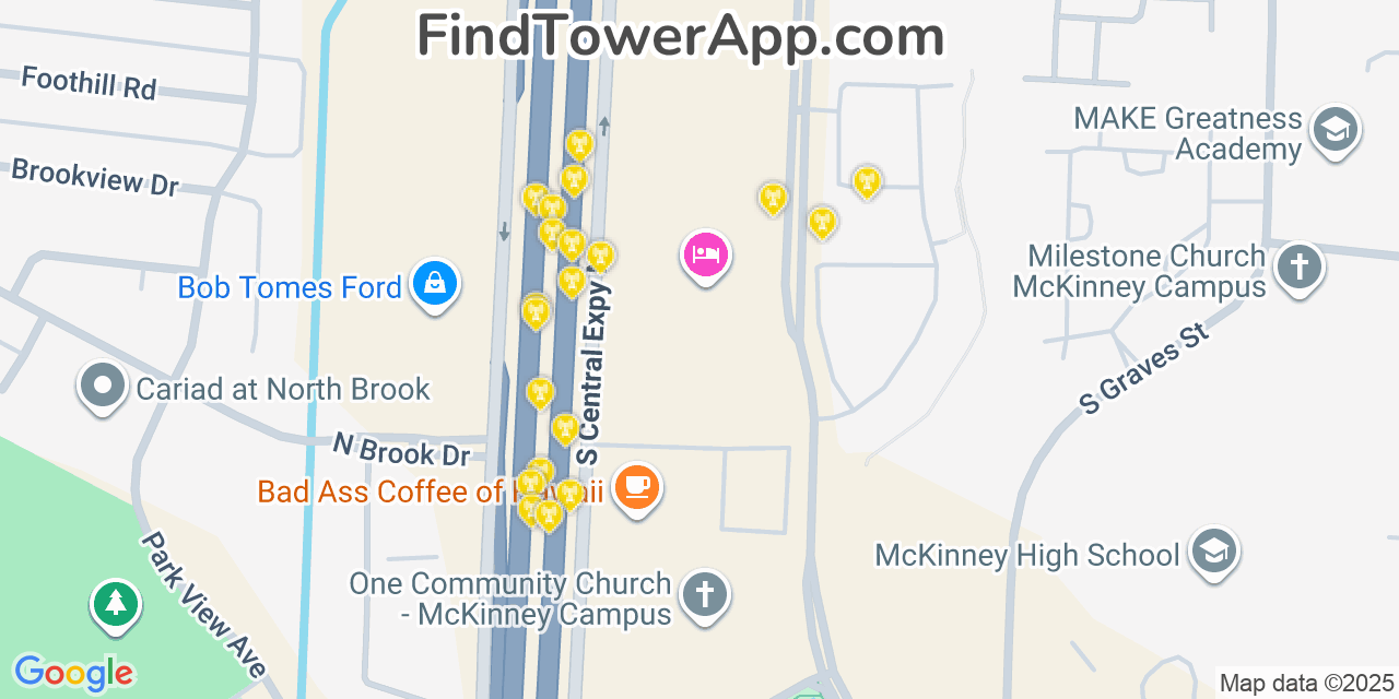 Map showing the 20 primary AT&T cell tower locations detected in Mckinney, Texas with coverage radius and signal strength indicators