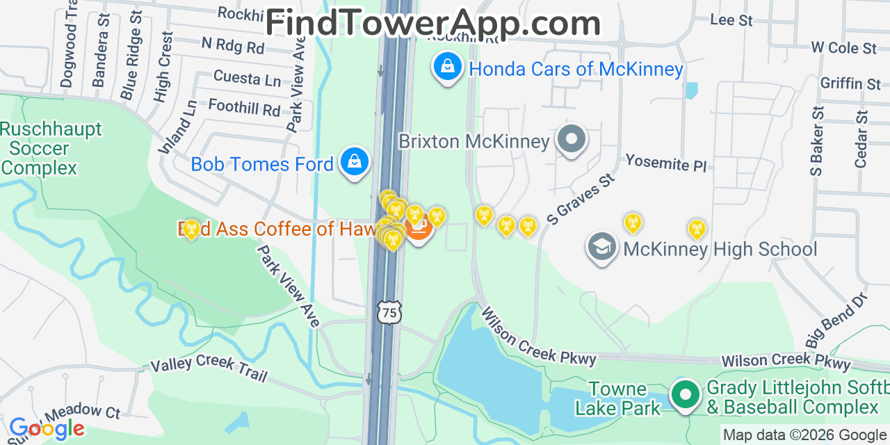 Map showing the 20 primary cell tower locations detected in Mckinney, Texas from AT&T, Verizon, and T-Mobile networks