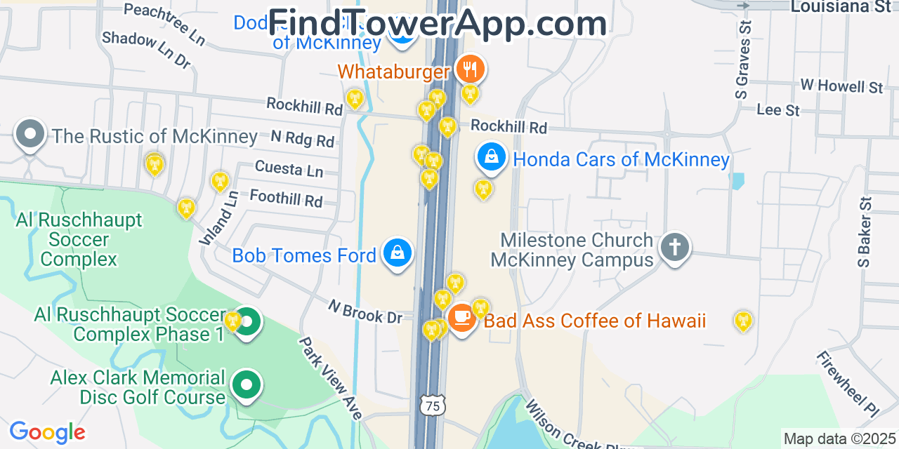 Map showing the 20 primary T-Mobile cell tower locations detected in Mckinney, Texas with coverage radius and signal strength indicators