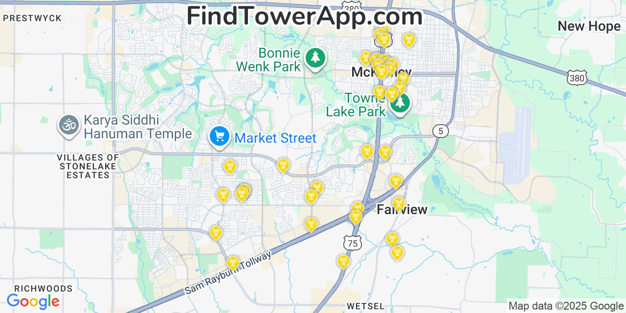 Map showing the 37 primary Verizon cell tower locations detected in Mckinney, Texas with coverage radius and signal strength indicators