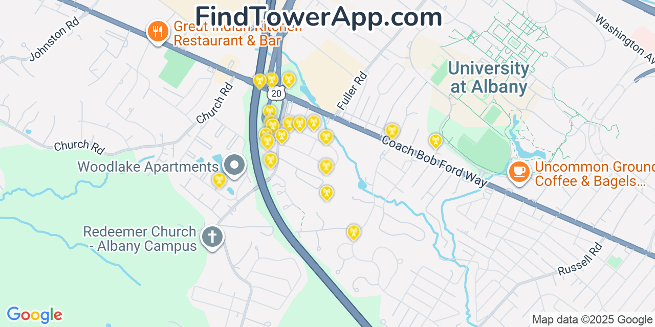 Map showing the 20 primary AT&T cell tower locations detected in Mckownville, New York with coverage radius and signal strength indicators