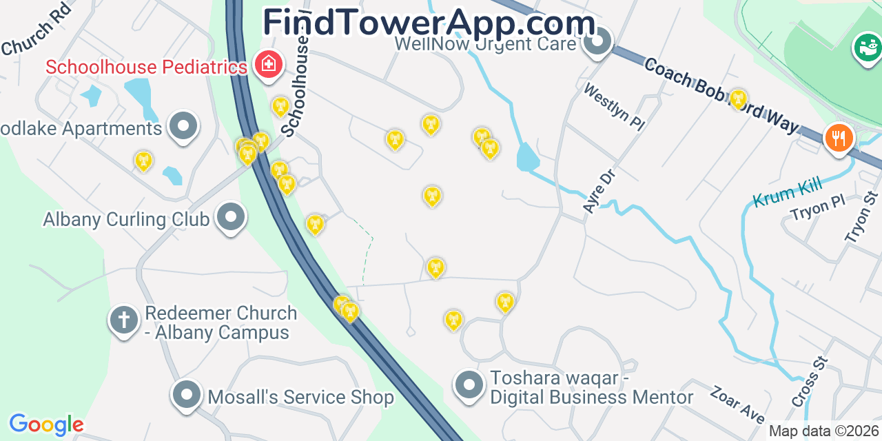 Map showing the 20 primary cell tower locations detected in Mckownville, New York from AT&T, Verizon, and T-Mobile networks