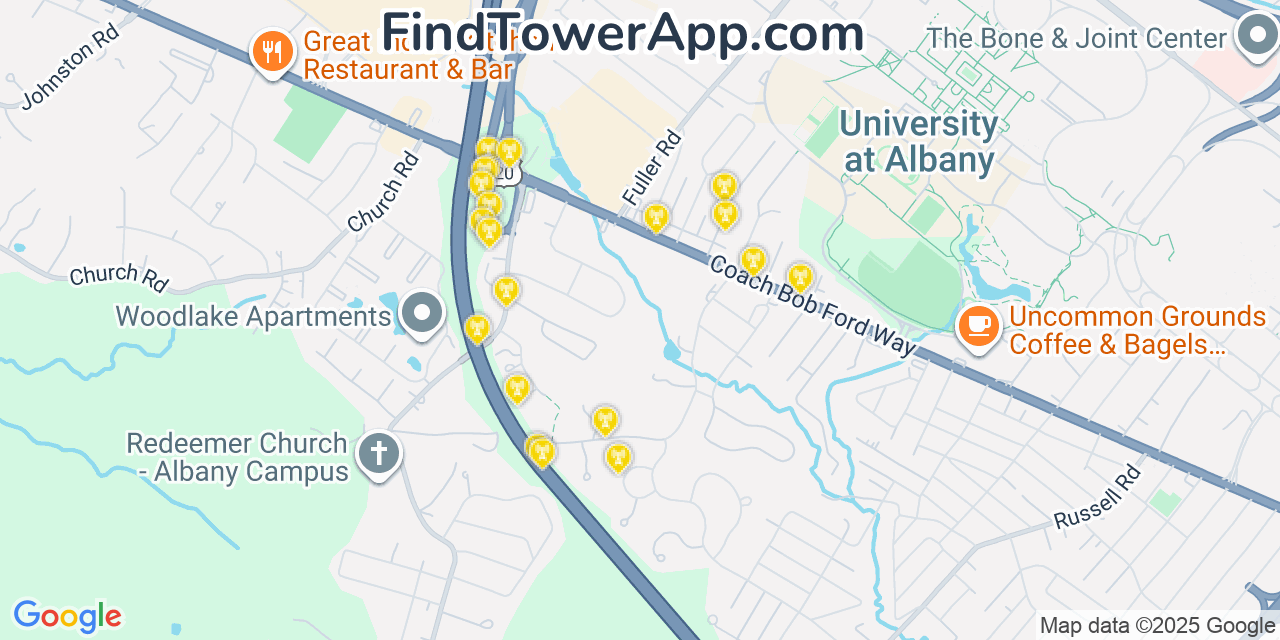 Map showing the 20 primary T-Mobile cell tower locations detected in Mckownville, New York with coverage radius and signal strength indicators
