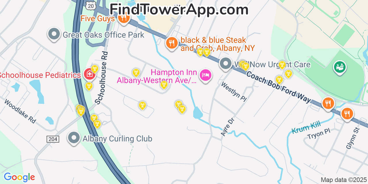Map showing the 20 primary Verizon cell tower locations detected in Mckownville, New York with coverage radius and signal strength indicators