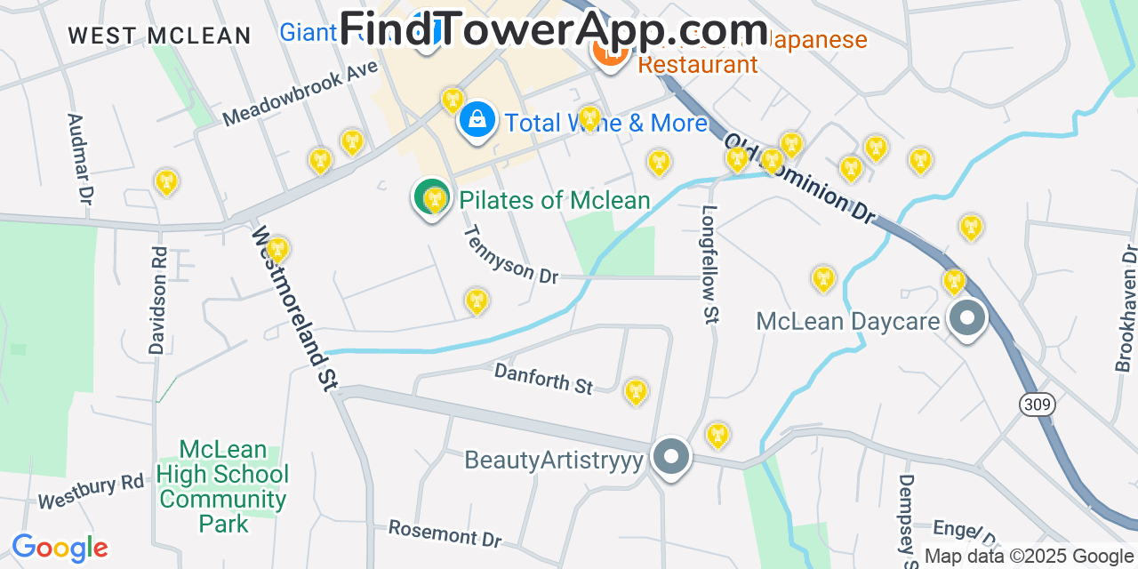 Map showing the 20 primary AT&T cell tower locations detected in Mclean, Virginia with coverage radius and signal strength indicators