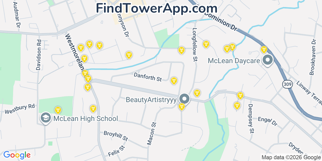 Map showing the 20 primary cell tower locations detected in Mclean, Virginia from AT&T, Verizon, and T-Mobile networks