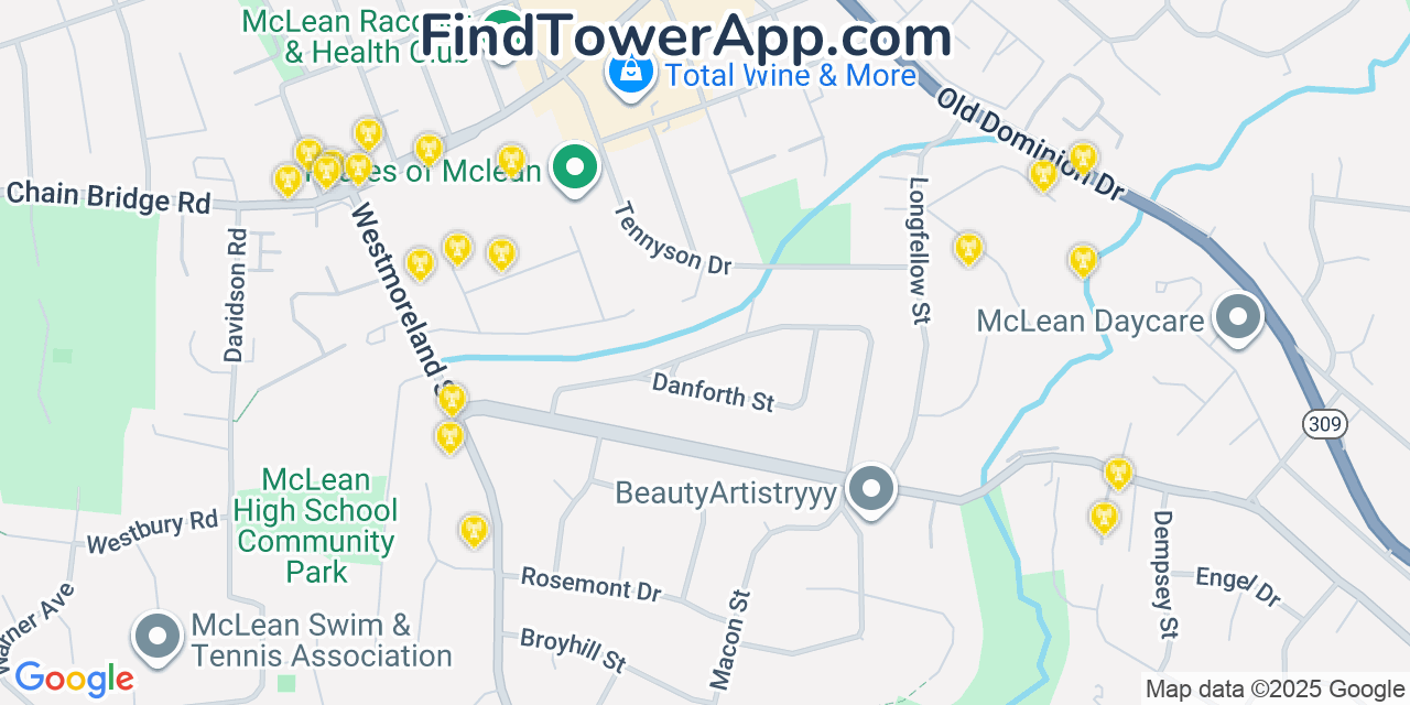 Map showing the 20 primary T-Mobile cell tower locations detected in Mclean, Virginia with coverage radius and signal strength indicators