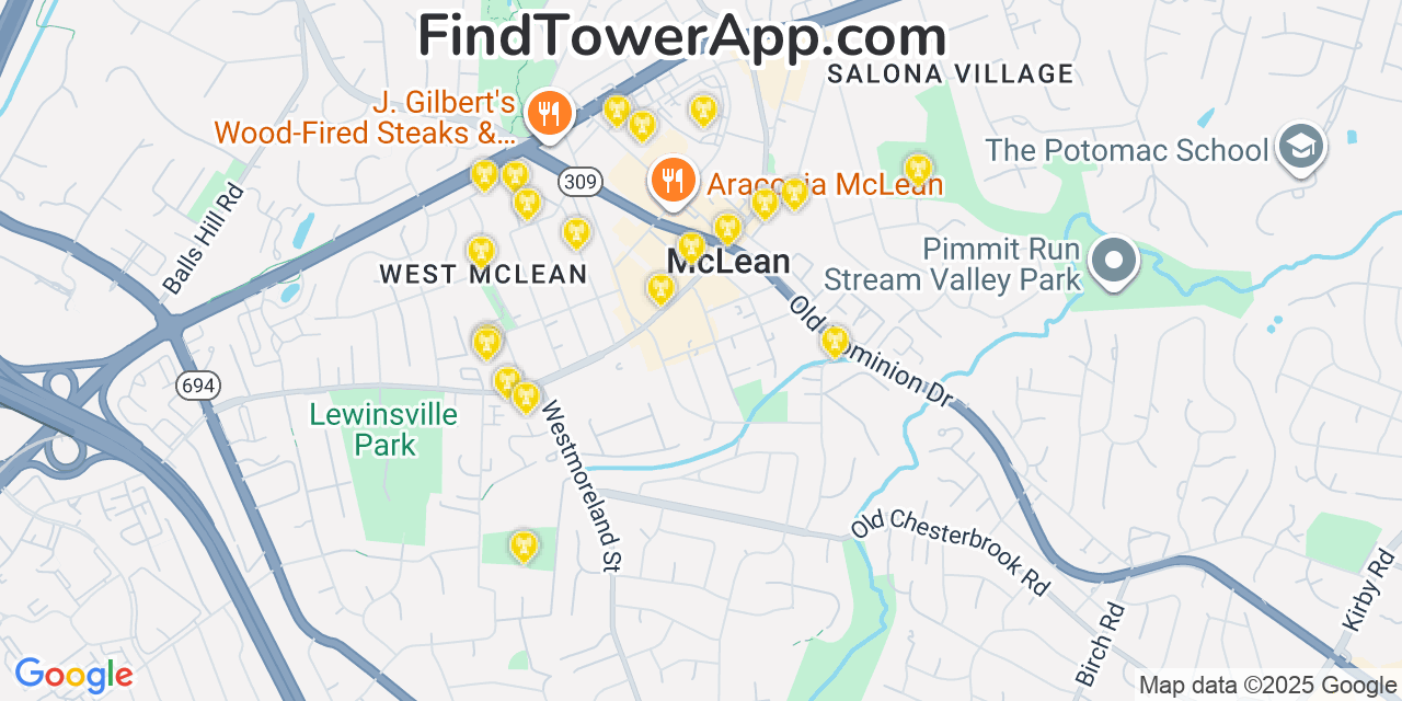 Map showing the 20 primary Verizon cell tower locations detected in Mclean, Virginia with coverage radius and signal strength indicators