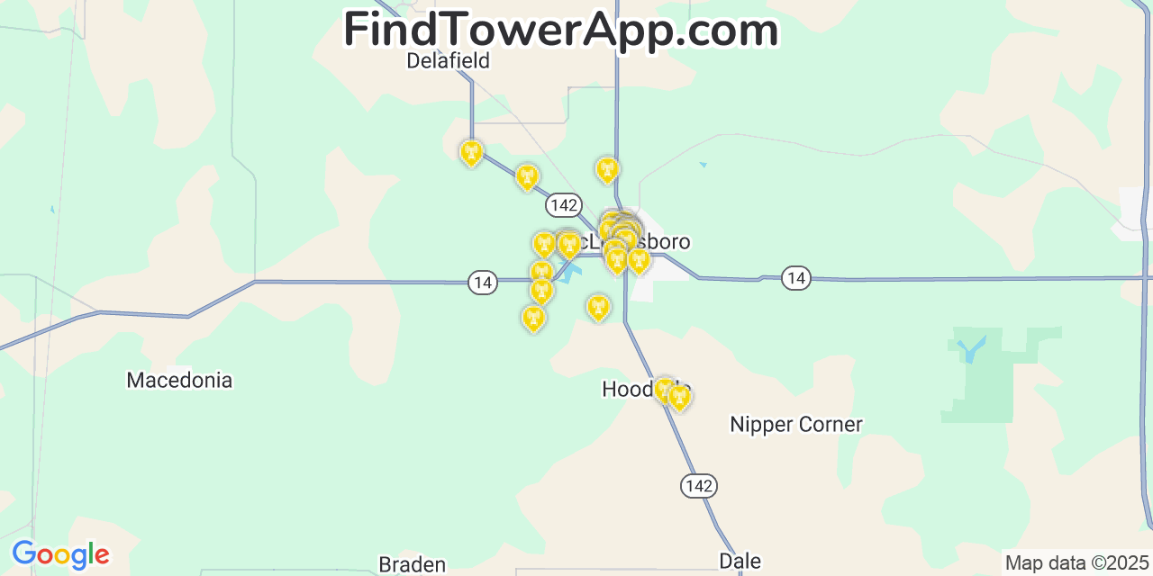 Map showing the 31 primary AT&T cell tower locations detected in Mcleansboro, Illinois with coverage radius and signal strength indicators