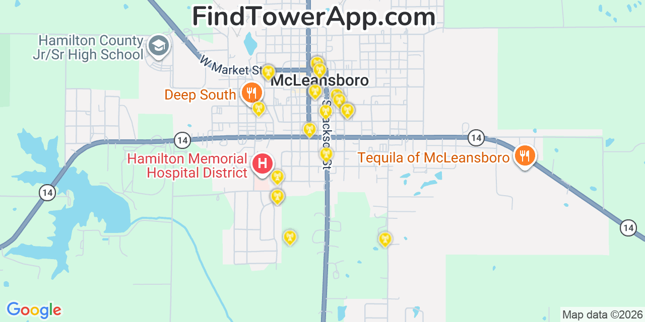 Map showing the 20 primary cell tower locations detected in Mcleansboro, Illinois from AT&T, Verizon, and T-Mobile networks
