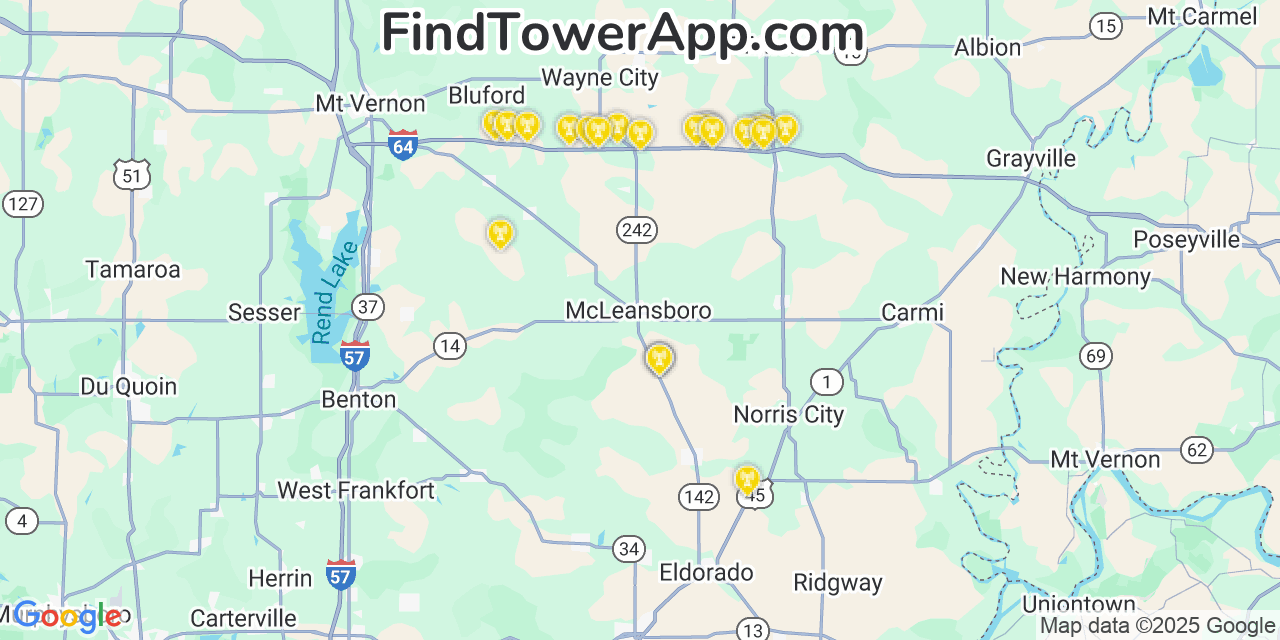 Map showing the 22 primary T-Mobile cell tower locations detected in Mcleansboro, Illinois with coverage radius and signal strength indicators