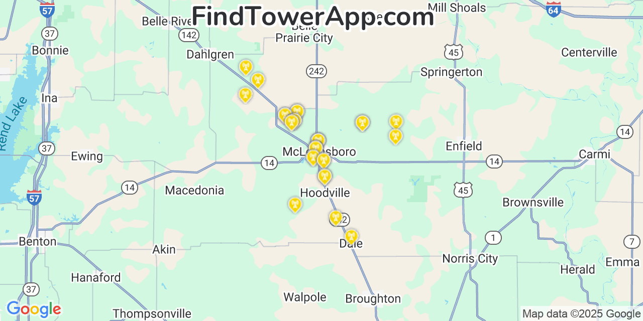 Map showing the 30 primary Verizon cell tower locations detected in Mcleansboro, Illinois with coverage radius and signal strength indicators