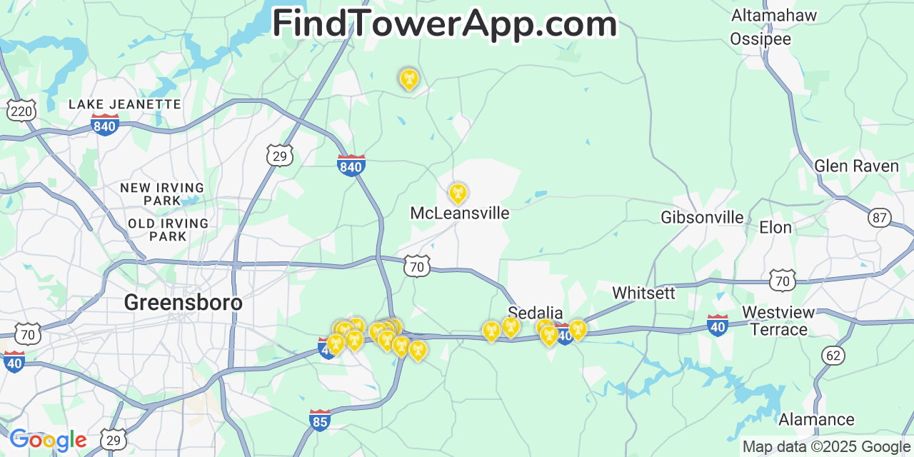 Map showing the 22 primary AT&T cell tower locations detected in Mcleansville, North Carolina with coverage radius and signal strength indicators