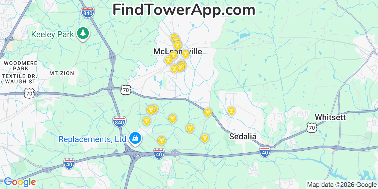 Map showing the 20 primary cell tower locations detected in Mcleansville, North Carolina from AT&T, Verizon, and T-Mobile networks