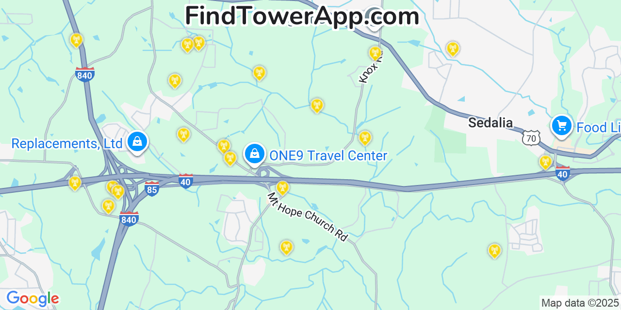 Map showing the 20 primary T-Mobile cell tower locations detected in Mcleansville, North Carolina with coverage radius and signal strength indicators